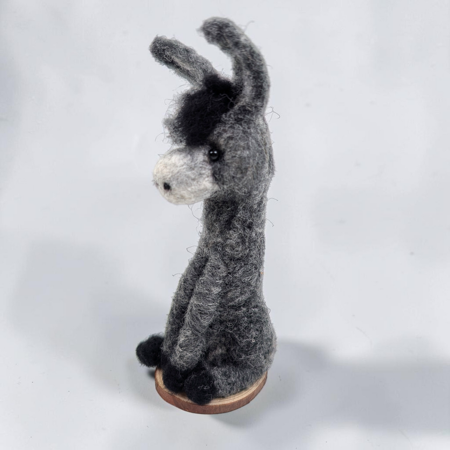 Needle Felted Sitting Donkey on Wooden Base | Lin Dean