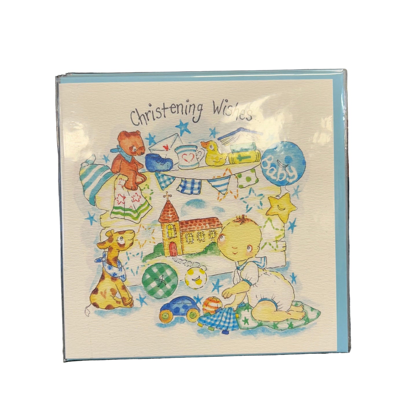 Greeting card with a baby and toys illustration on a textured surface