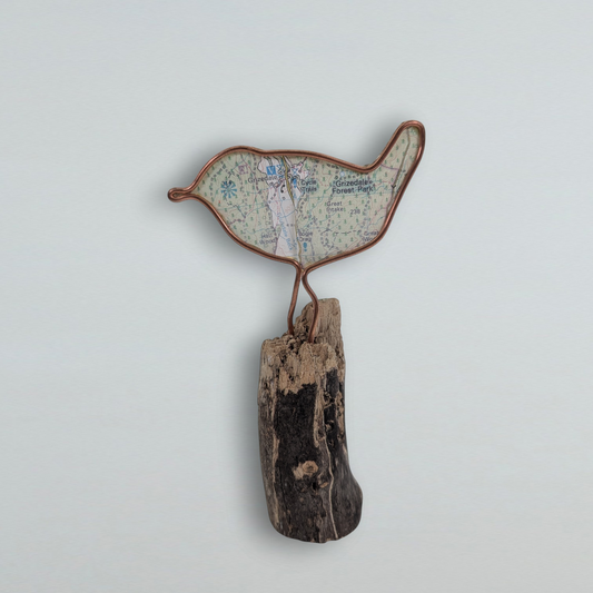 Wire Songbird with Vintage Grizedale Map | Like a Bird out of Wire