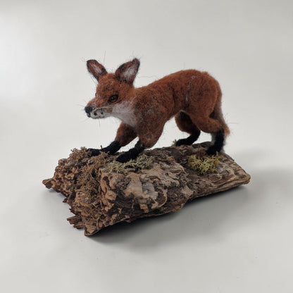 Needle Felted Fox on Bark Ornament | Lin Dean