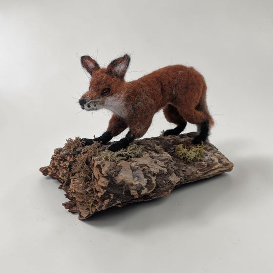 Needle Felted Fox on Bark Ornament | Lin Dean