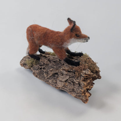 Needle Felted Fox on Bark Ornament | Lin Dean