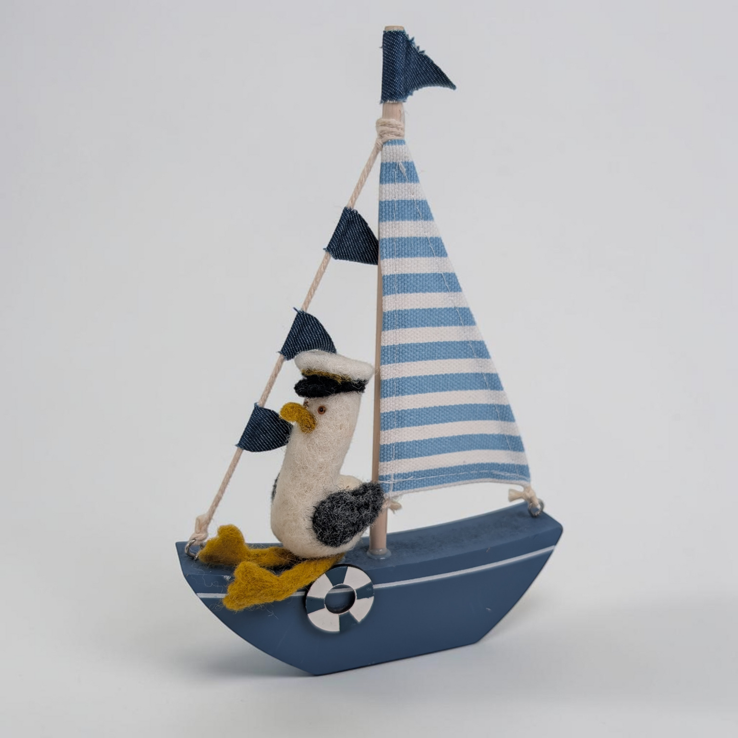 Needle Felted Seagull on Wooden Boat Ornament | Lin Dean