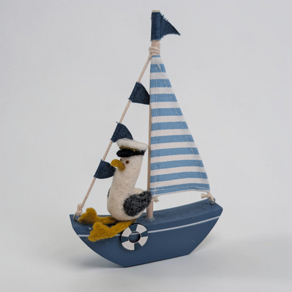 Needle Felted Seagull on Wooden Boat Ornament | Lin Dean