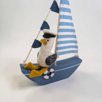 Needle Felted Seagull on Wooden Boat Ornament | Lin Dean