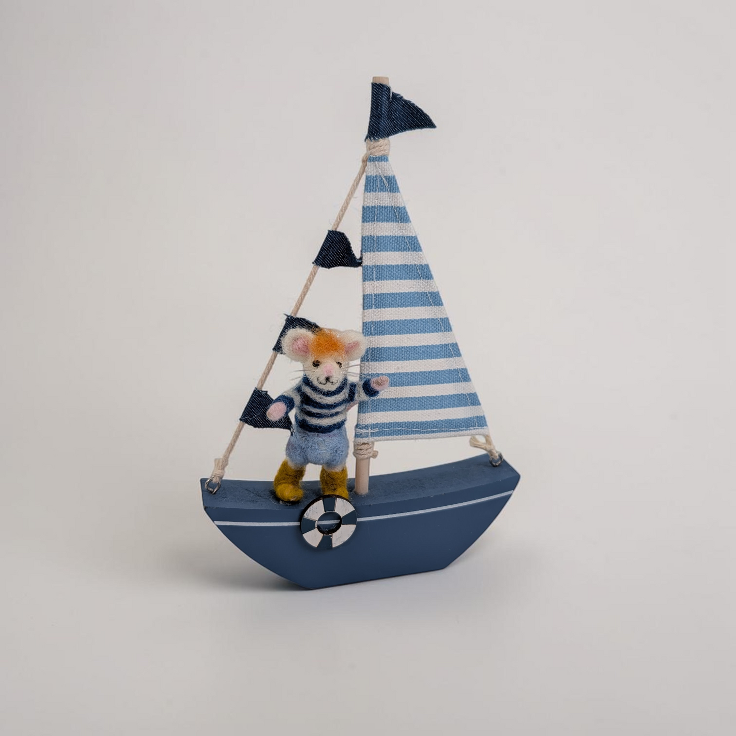 Needle Felted Sailor Mouse on Wooden Boat Ornament | Lin Dean