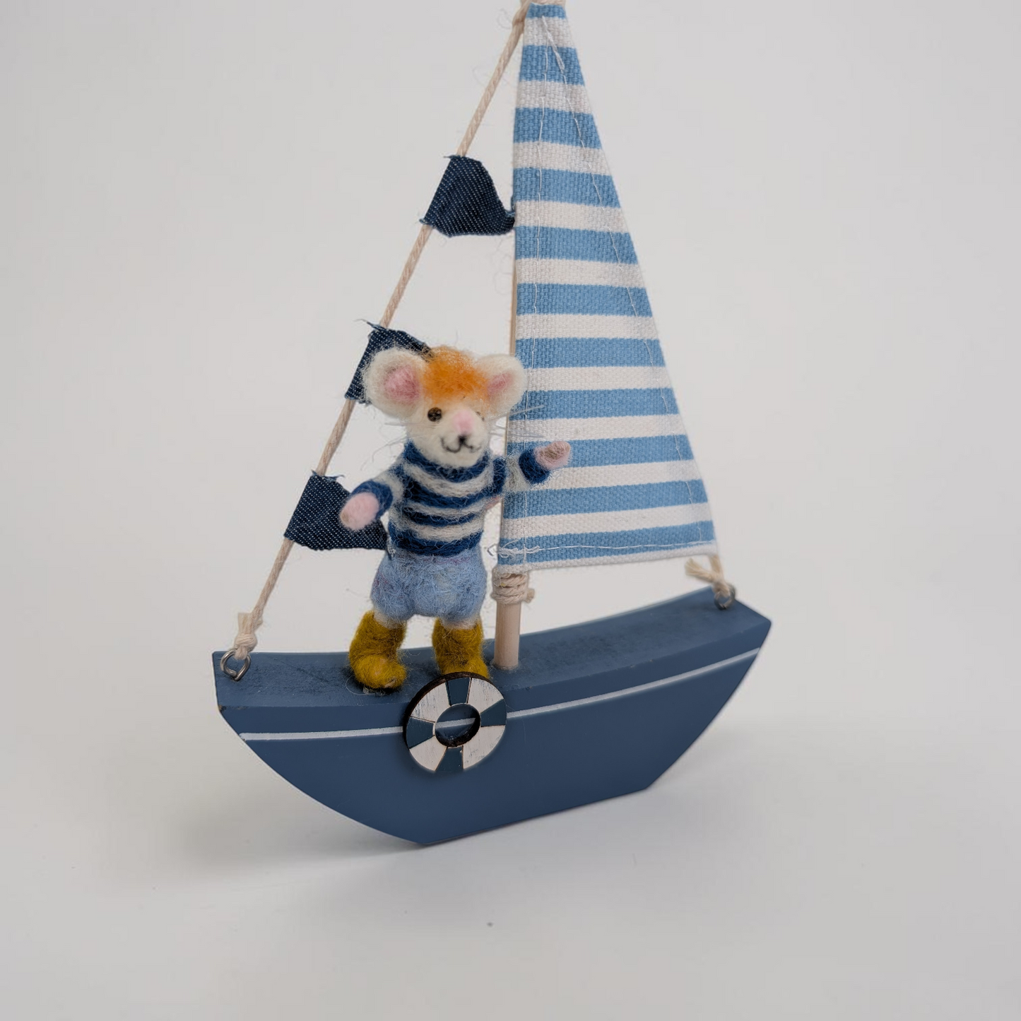 Needle Felted Sailor Mouse on Wooden Boat Ornament | Lin Dean