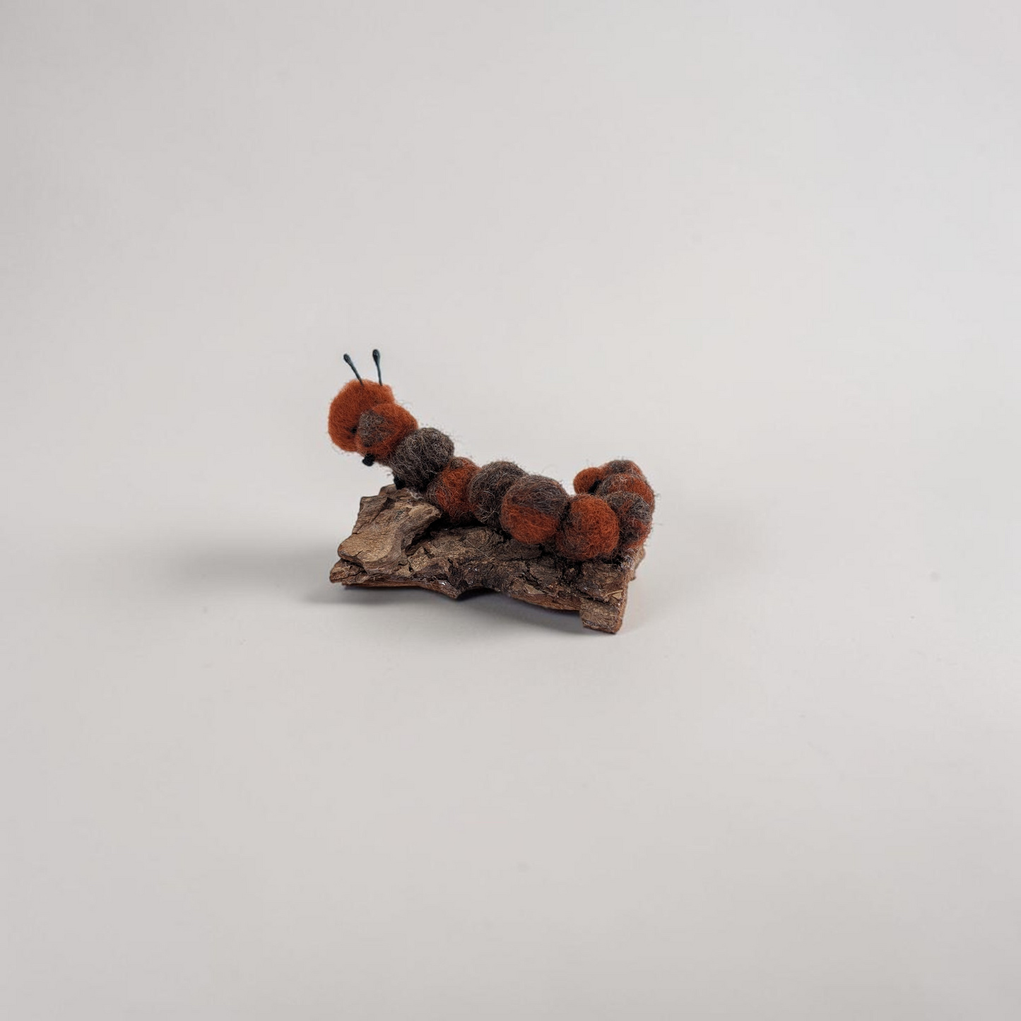 Needle Felted Caterpillar on Bark Ornament | Lin Dean