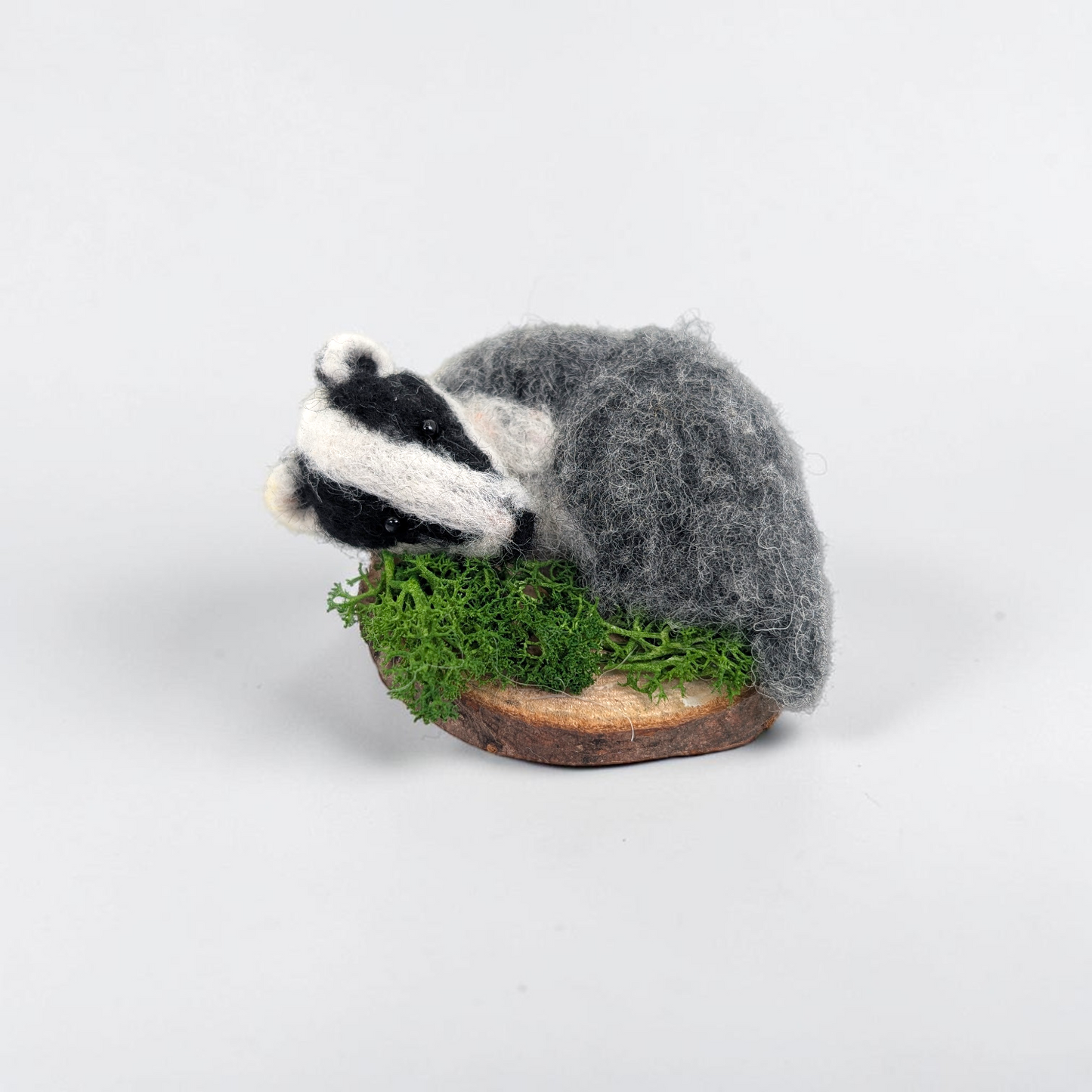 Needle Felted Sleeping Badger on Wooden Base | Lin Dean