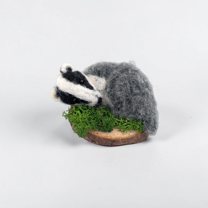 Needle Felted Sleeping Badger on Wooden Base | Lin Dean