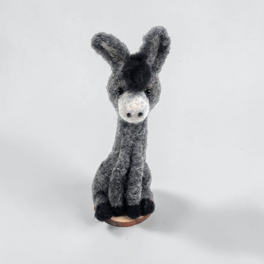 Needle Felted Sitting Donkey on Wooden Base | Lin Dean