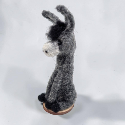Needle Felted Sitting Donkey on Wooden Base | Lin Dean