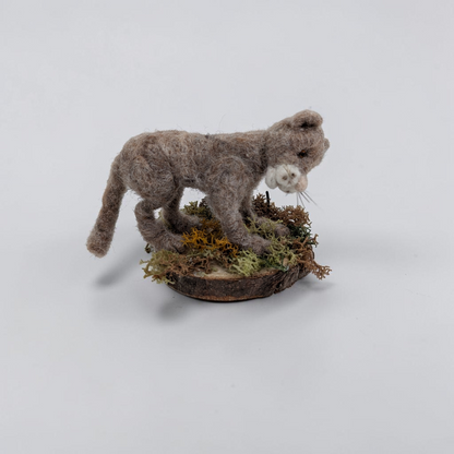 Needle Felted Wild Cat Cub on Mossy Wooden Base | Lin Dean