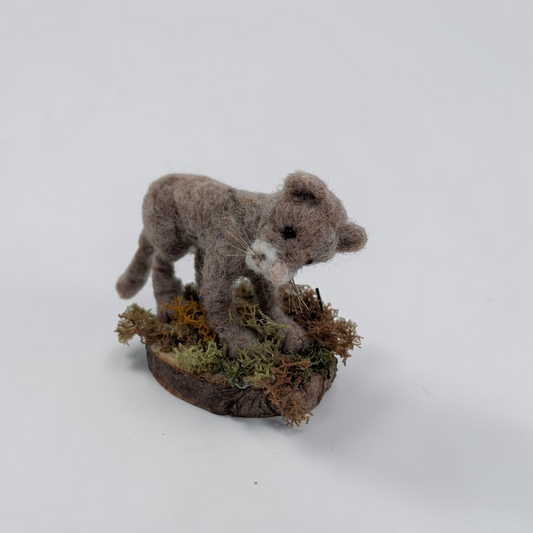 Needle Felted Wild Cat Cub on Mossy Wooden Base | Lin Dean