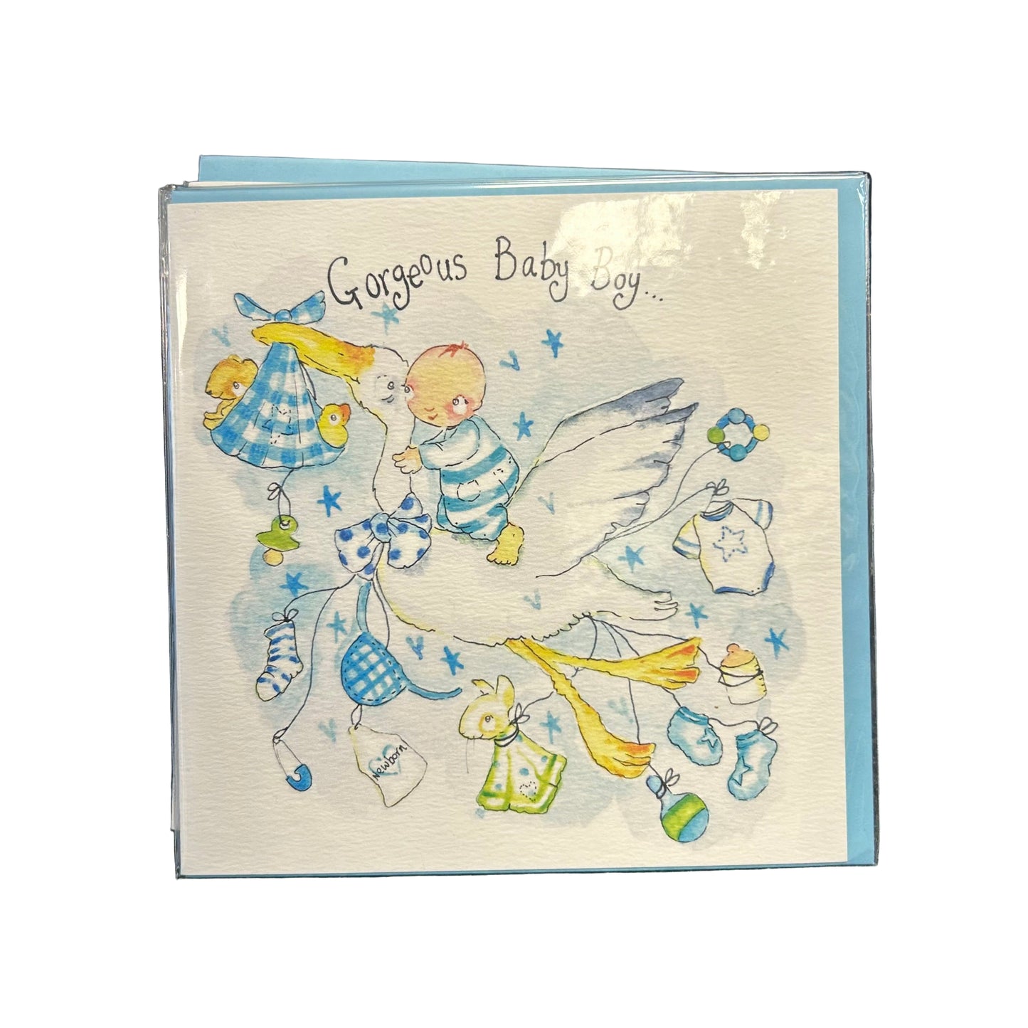 Baby shower card with stork and baby elements on a textured surface