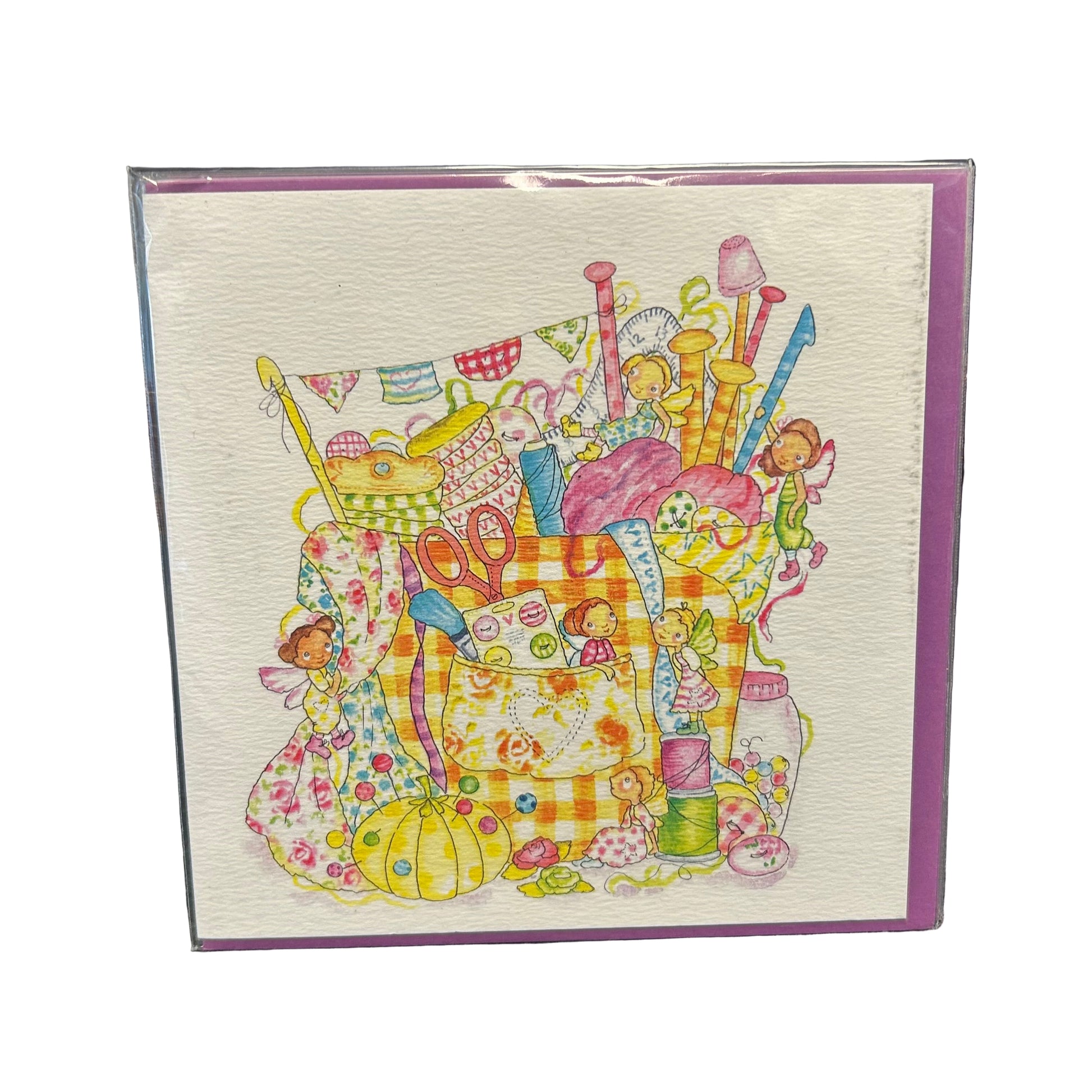 Colorful illustration of baby items on a card with a purple border.