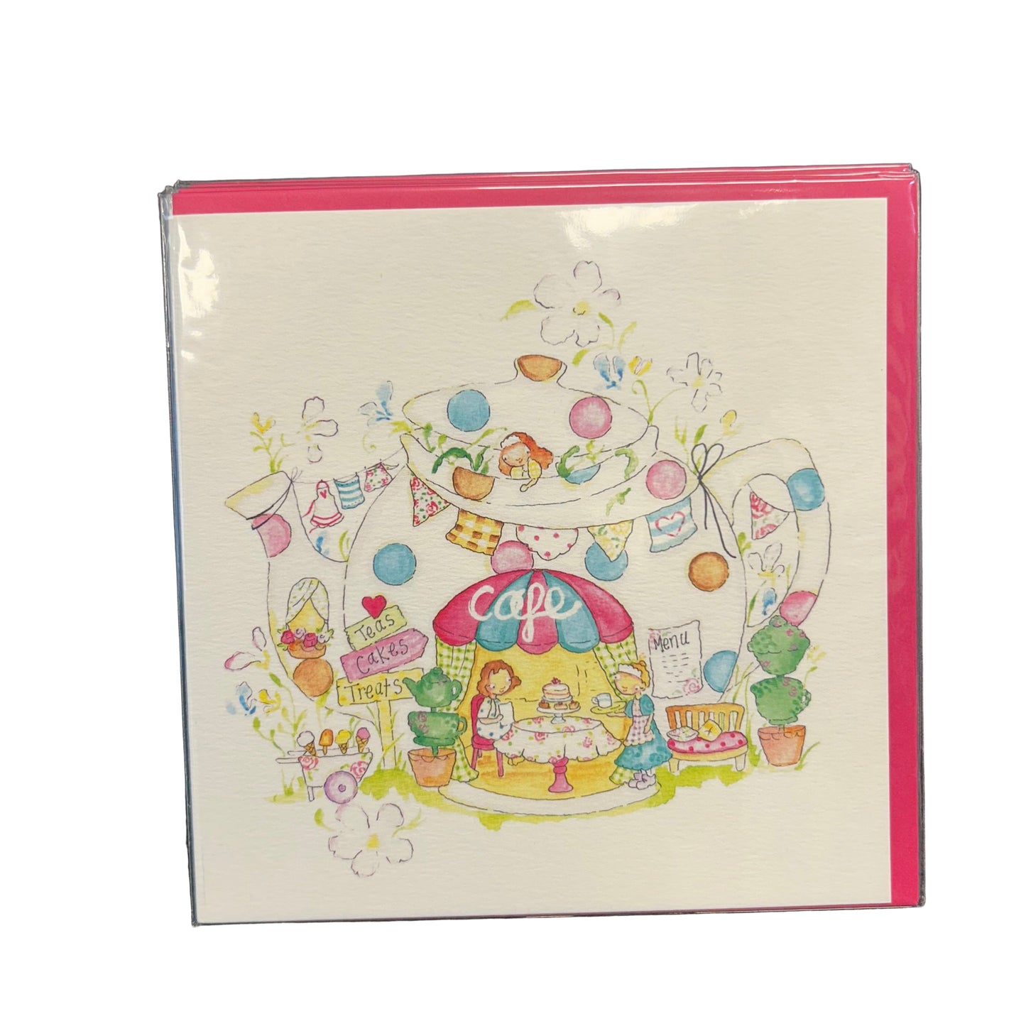 Card with a colorful illustration of a cafe scene on a textured surface