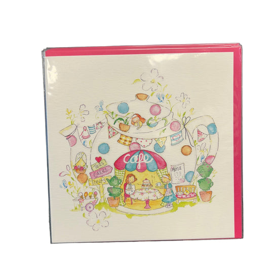 Card with a colorful illustration of a cafe scene on a textured surface