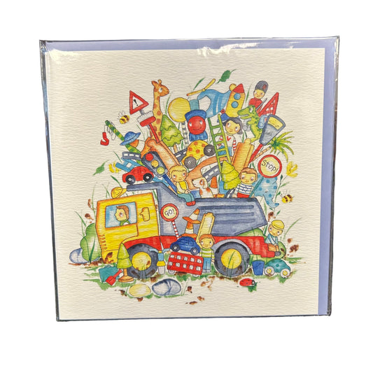 Colorful children's illustration on a card with a truck and various toys.