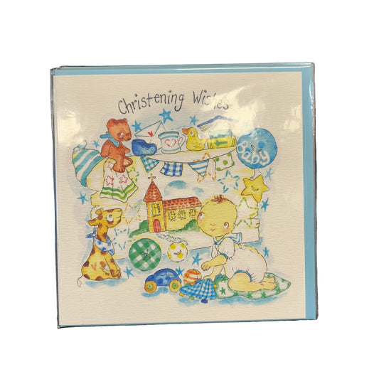 Greeting card with a baby and toys illustration on a textured surface