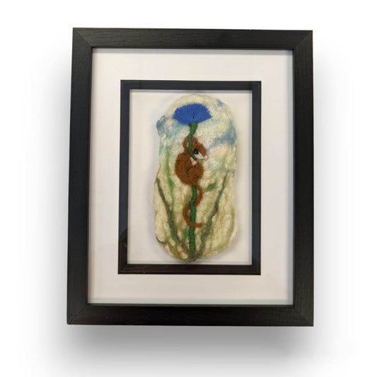 Framed Picture "Doormouse" holding cornflower